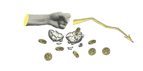 Collage with halftone-style hand statue Minimalist finance-themed money crisis metaphor concept Idea for banner composition with broken piggy bank, coins and fist Cutouts magazine. Vector illustration