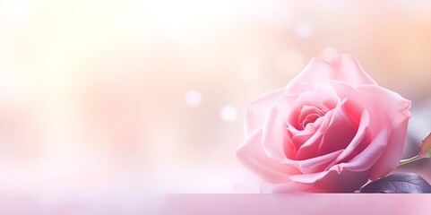 Wall Mural - Horizontal banner with rose of pink color on blurred background. Copy space for text. Mock up template 