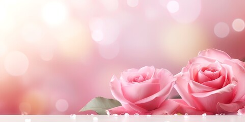 Wall Mural - Horizontal banner with rose of pink color on blurred background. Copy space for text. Mock up template 