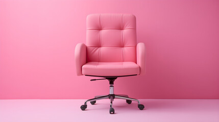 An elegant leather pink office chair placed on a shiny floor in front of the wall in the empty room. Nobody, copy space