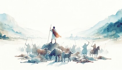 Wall Mural - The King David defeats the Jebusites to win Jerusalem. Old Testament. Watercolor Biblical Illustration