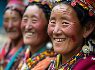 Wall Mural - Smiling native indigenous people of Tibet dressed in colorful native clothes