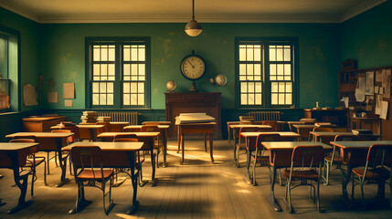 Dark, dirty, empty classroom with wooden chairs and tables, and green walls. Globe model placed on a shelf. Papers on desks, school building indoors, kids education room, clock in the middle