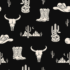 Western Theme Vector Seamless Pattern. Cowboy, cactus, boots, cowboy hat seamless pattern.