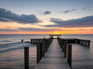  Wooden pier on the beach at beautiful sunset in the evening