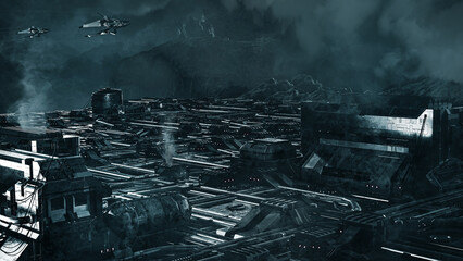Poster - futuristic space station .science fiction scene. 3d illustration