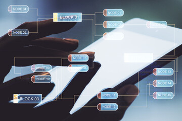 Wall Mural - multi exposure of abstract graphic coding sketch and hand working with a digital tablet on backgroun