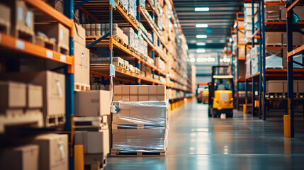 Wall Mural - Retail warehouse full of shelves with goods in cartons, with pallets and forklifts. Logistics and transportation blurred background. Product distribution center.