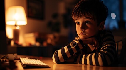 Wall Mural - A young boy looking at a computer screen at night Generative AI