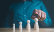 business, team, hand, manager, hiring, candidate, hr, management, co-worker, recruitment. close up to hand, pointing to select pawn for choose talent, applicant then put in them to right job.