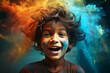 A cheerful young boy in the midst of a color powder explosion, depicting the concept of neurodiversity, ADHD, or autism