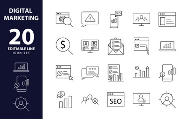 Wall Mural - Dynamic Digital Presence: Comprehensive Set of Digital Marketing Line Icons - Website, SEO, Social Media, Online Advertising, Mail, Content, Strategy, Target, Feedback, Store - Stock Vector
