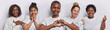 © WHstudio Leushin N - Horizontal shot of cheerful women make heart gesture show korean like sign and express gratitude smile pleasantly dressed in casual clothing isolated over white background. Body language concept