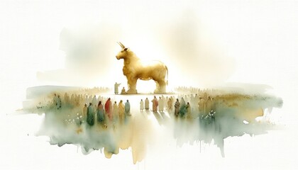 The Golden Calf. Old Testament. Watercolor Biblical Illustration