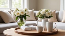 White Bouquet On The Wooden Coffee Table With Sofa In A Cozy Room White Mug Coffee, Featuring A Glass Vase Filled With Sweet White Tone, Wooden Tray, Soft Natural Light Streaming Through A Window