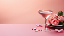 Glass With Cocktail On A Festive Background With Flowers And Roses. Romantic Valentine's Day Celebration