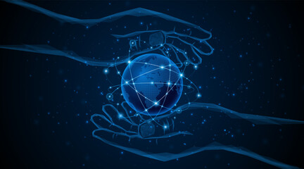 Aufkleber - Abstract hand holding the world. Global connection network. World map. Internet technology concept or global communication.	