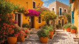 Fototapeta Uliczki - Summer street of Greece with flowers scenic