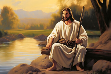 Jesus Christ holding a walking stick and sitting near a river in the evening