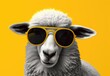 Sheep in sunglasses close-up. Anthopomorphic image. A fictional character for advertising and marketing. Humorous character for graphic design.