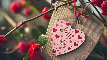 Sticker - Valentine's day greeting card with red roses on wooden background