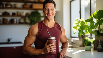 Sticker - Cheerful man holding a smoothie in a domestic setting