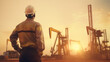 © HayyanGFX - Engineer manager standing front of oil refinery at sunset, Oil field supervisor engineer in safety equipment looking at oil rig pumps, Generative AI