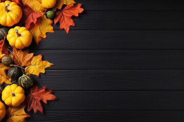  Festive Autumn Decor on Black Wooden Background, Pumpkin aand Leaves on Dark Wood