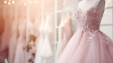 Close-up Pink Wedding Dress In Bridal Salon Room Background Generative Ai