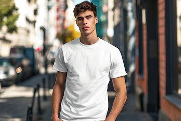 Wall Mural - White t-shirt mockup with male model