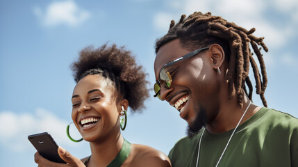 Poster - Two joyful African American women with sunglasses taking a selfie together, smiling brightly and enjoying the outdoors on a sunny day.