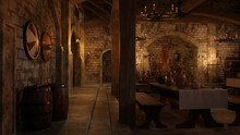 Old Medieval Dining Hall At Night With Viking Shields Hanging On The Wall. 3D Rendering.