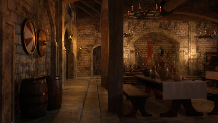 Poster - Old medieval dining hall at night with Viking shields hanging on the wall. 3D rendering.