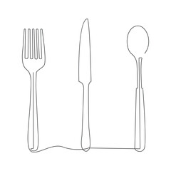 Wall Mural - Knife and fork continuous single line outline vector art drawing and simple one line minimalist design