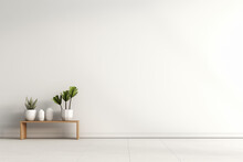 Rubber Fig Plant In A Living Room, Plant Against A White Wall Mockup. White Wall Mockup With Brown Curtain, Plant And Wood Floor. 3D Illustration, Generative AI