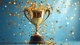 Fototapeta  - Golden trophy cup with confetti on blue background.