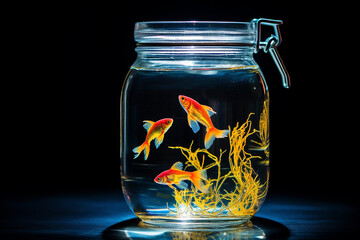 Red fish floating in an aquarium jar on a dark background