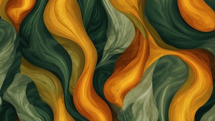 Abstract flowing design with mustard, sage, and forest green hues, featuring a natural, flame-inspired texture