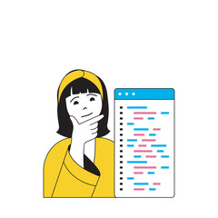Poster - Design development concept with cartoon people in flat design for web. Woman coding and programming, making homepage code template. Vector illustration for social media banner, marketing material.