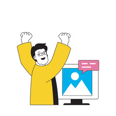 Poster - Design development concept with cartoon people in flat design for web. Man creates digital content and visualization picture at screen. Vector illustration for social media banner, marketing material.