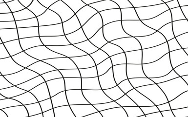 Illustration of a black fishing or football net.Checkered wavy background in doodle style.