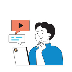 Aufkleber - Social media concept with cartoon people in flat design for web. Man watching video at mobile app and commenting, chatting online. Vector illustration for social media banner, marketing material.