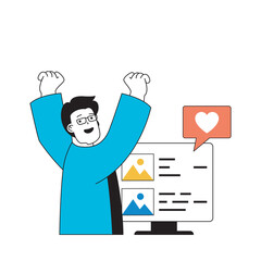 Poster - Social media concept with cartoon people in flat design for web. Man making new posts with photos, gets comments and followers likes. Vector illustration for social media banner, marketing material.