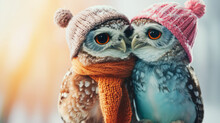Two Cute Owls Cuddle, Symbolizing Love With Pastel Tones And A Creative, Lively Animal Concept. Ideal For Valentine's Day, Portraying A Small Owl Couple Representing Pet Affection.