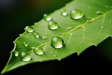 Wall Mural - drops of dew and rain on a plant leaf. macro close up shot. Black background.