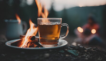 A Tranquil Interlude With A Steaming Cup Of Hot Tea With Friends, Campfire In The Background