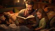 Child listens to a fairy tale that dad reads to them in the evening before going to bed.