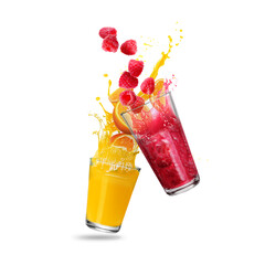 Sticker - Fresh fruit juices splashing from glasses on white background