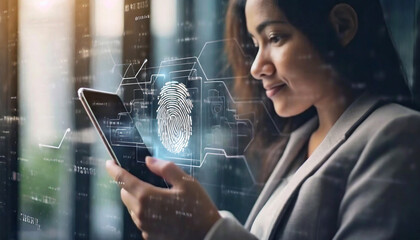 Canvas Print - woman accessing her personal financial information on her phone using her fingerprint identification, Generative ai