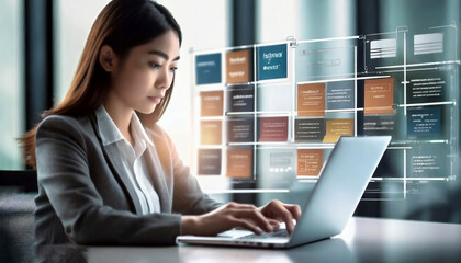 A business developer is utilizing a laptop computer to use the Kanban board framework. Generative ai